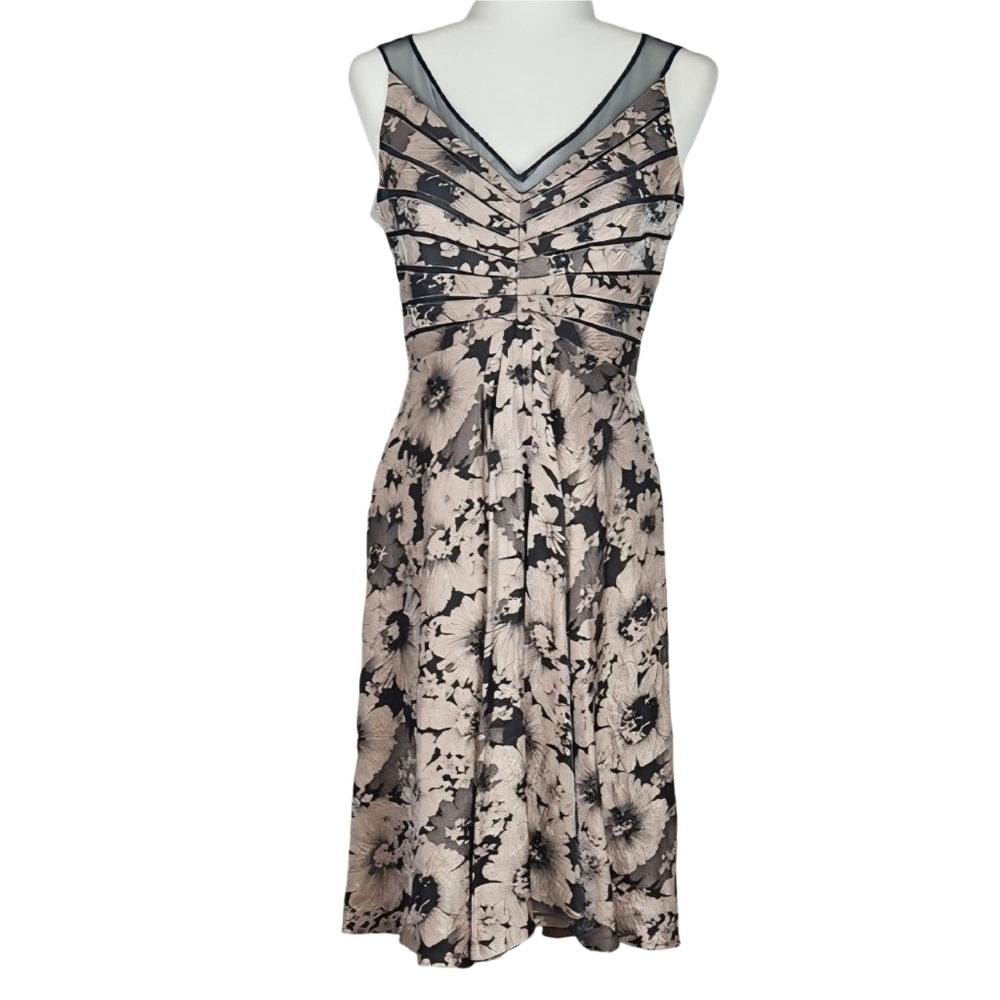 Adrianna Papell Whimsigoth Black and Cream Floral Midi Dress with Mesh Detail